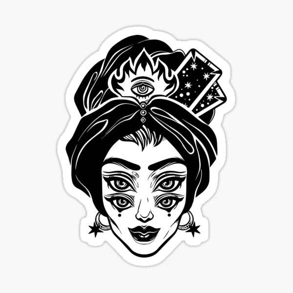 Gothic witch girl head portrait with curly hair and four eyes. Sticker for  Sale by KatjaGerasimova