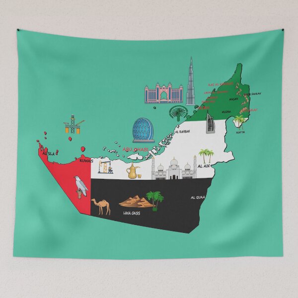 Item preview, United Arab Emirates map, major cities names UAE national symbols and landmarks  designed and sold by mashmosh.