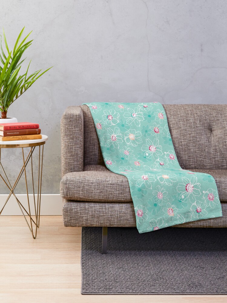 Alternate view of Hand drawn White Cosmos flowers Throw Blanket