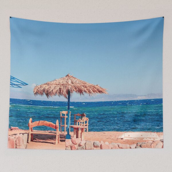 Item preview, natural materials beach umbrella and wooden chairs by the blue sea and the blue sky designed and sold by SherriMans.