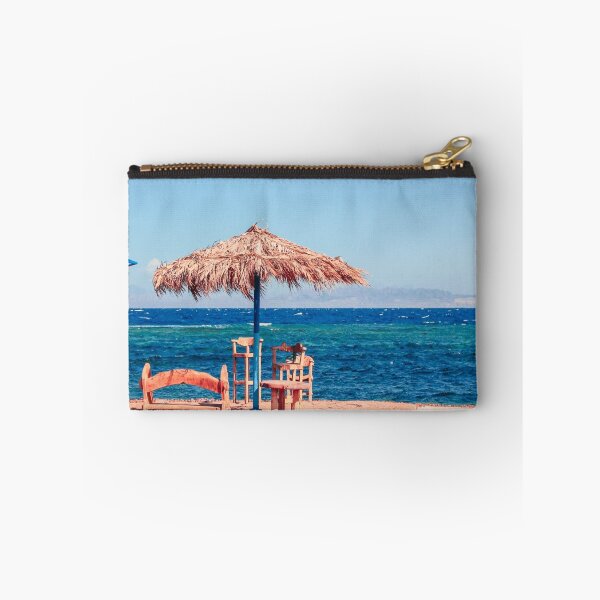 Item preview, natural materials beach umbrella and wooden chairs by the blue sea and the blue sky designed and sold by SherriMans.