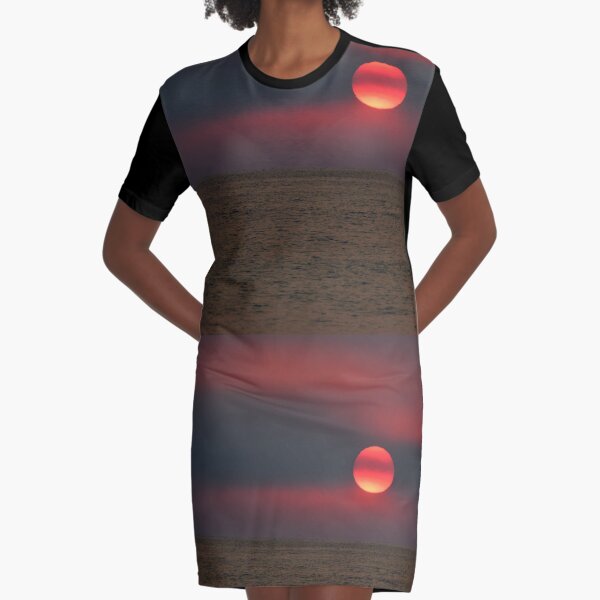Red Hot Sunrise on the Ocean Graphic T-Shirt Dress