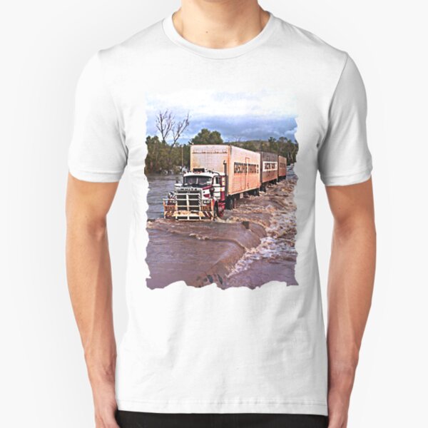 Truck crossing Ord River, West Australia in Flood Slim Fit T-Shirt