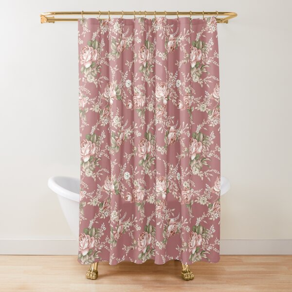 Vintage Shabby Chic Pink and Mint Large Rose Shower Curtain