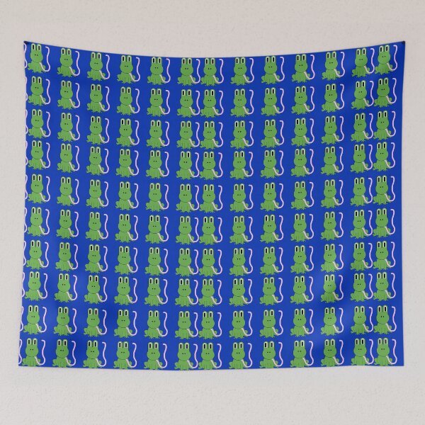 Item preview, frogs with tongue out catching fly dark bright blue back ground designed and sold by Ella's  Doodles And Designs.