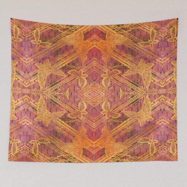 Item preview, Chinoiserie Chic Filigree Butterfly Stencil in Coral, Gold Yellow, Brown designed and sold by AndreaHelmArt.
