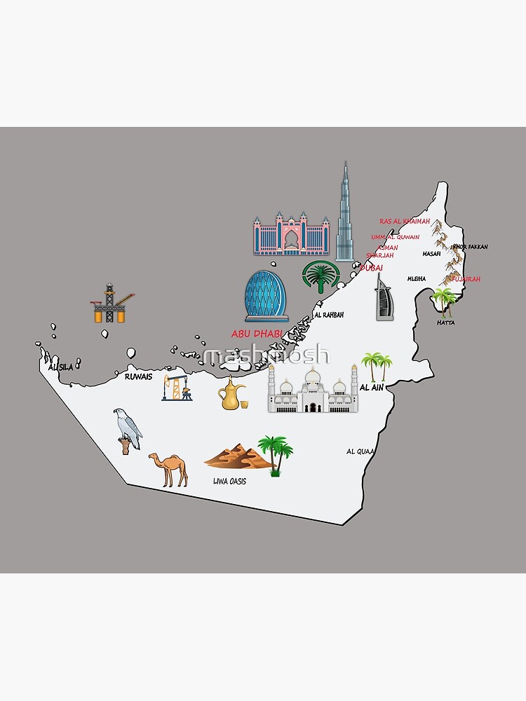 "UAE Landmarks Map major cities names UAE national symbols Emirates map
