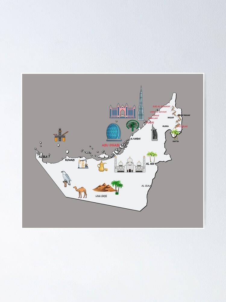 "UAE Landmarks Map major cities names UAE national symbols Emirates map