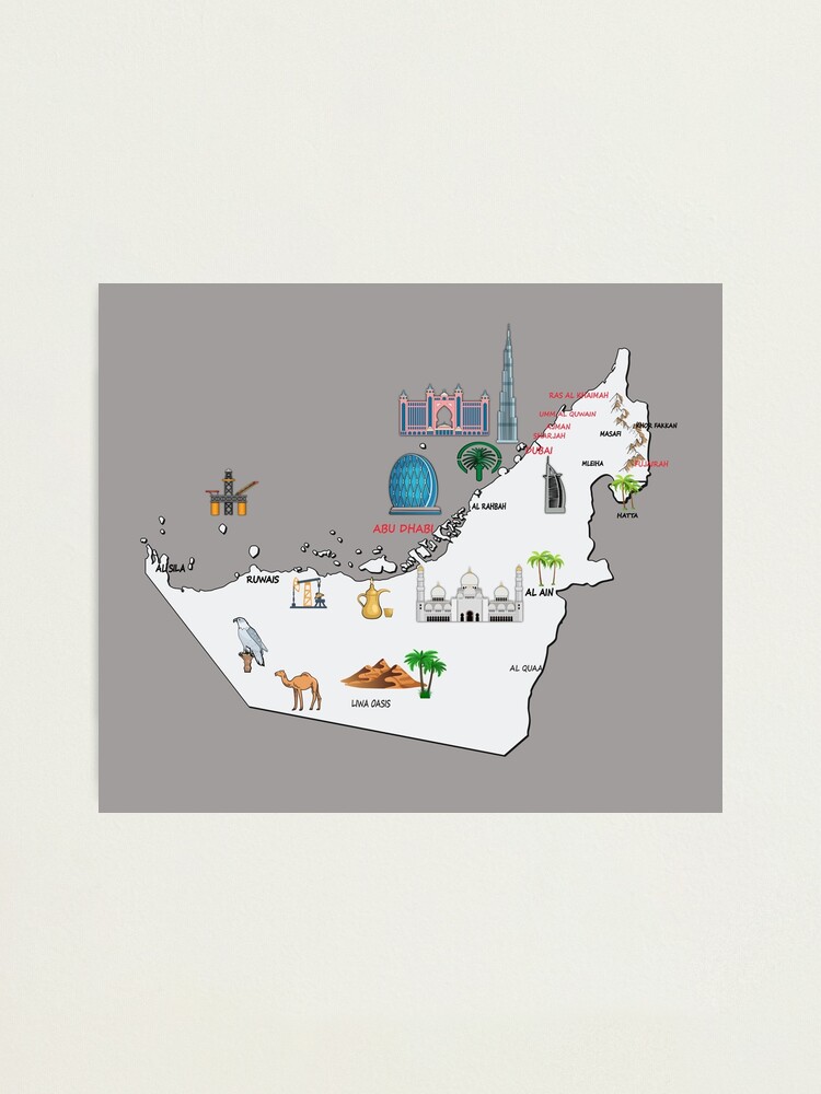 "UAE Landmarks Map major cities names UAE national symbols Emirates map