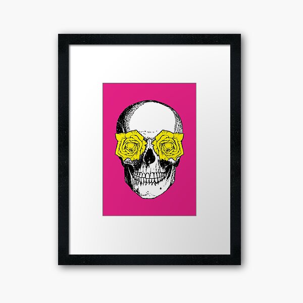Skull and Roses | Skull and Flowers | Skulls and Skeletons | Vintage Skulls | Pink and Yellow | Framed Art Print