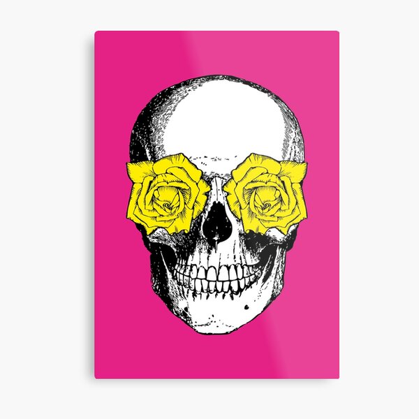 Skull and Roses | Skull and Flowers | Skulls and Skeletons | Vintage Skulls | Pink and Yellow | Metal Print