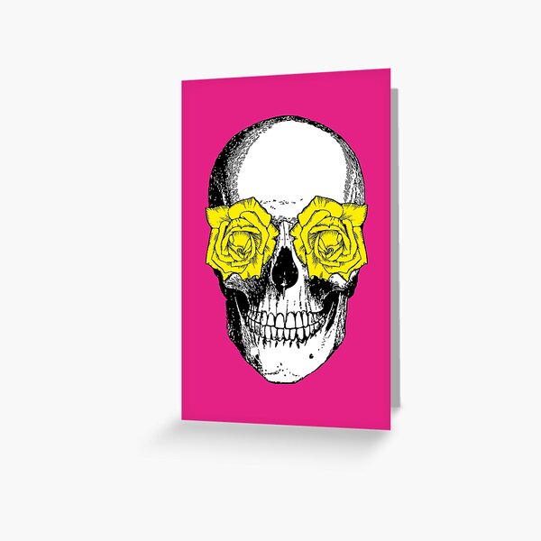 Skull and Roses | Skull and Flowers | Skulls and Skeletons | Vintage Skulls | Pink and Yellow | Greeting Card