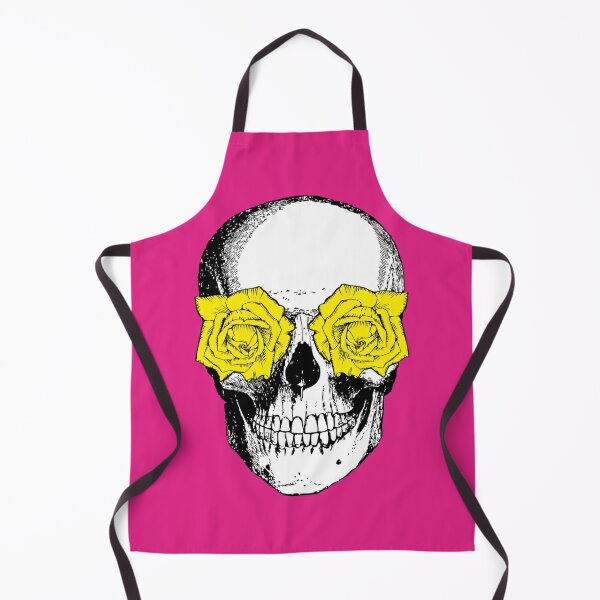 Skull and Roses | Skull and Flowers | Skulls and Skeletons | Vintage Skulls | Pink and Yellow |  Apron