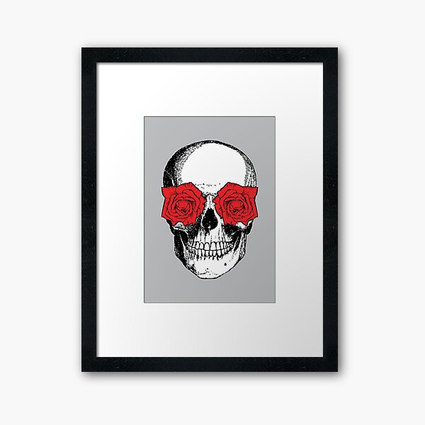 Skull and Roses | Skull and Flowers | Skulls and Skeletons | Vintage Skulls | Grey and Red | Framed Art Print