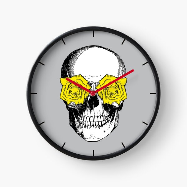 Skull and Roses | Skull and Flowers | Skulls and Skeletons | Vintage Skulls | Grey and Yellow | Clock