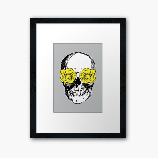 Skull and Roses | Skull and Flowers | Skulls and Skeletons | Vintage Skulls | Grey and Yellow | Framed Art Print
