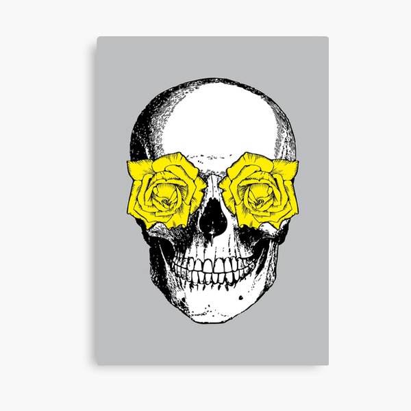 Skull and Roses | Skull and Flowers | Skulls and Skeletons | Vintage Skulls | Grey and Yellow | Canvas Print
