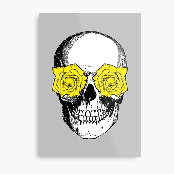 Skull and Roses | Skull and Flowers | Skulls and Skeletons | Vintage Skulls | Grey and Yellow | Metal Print