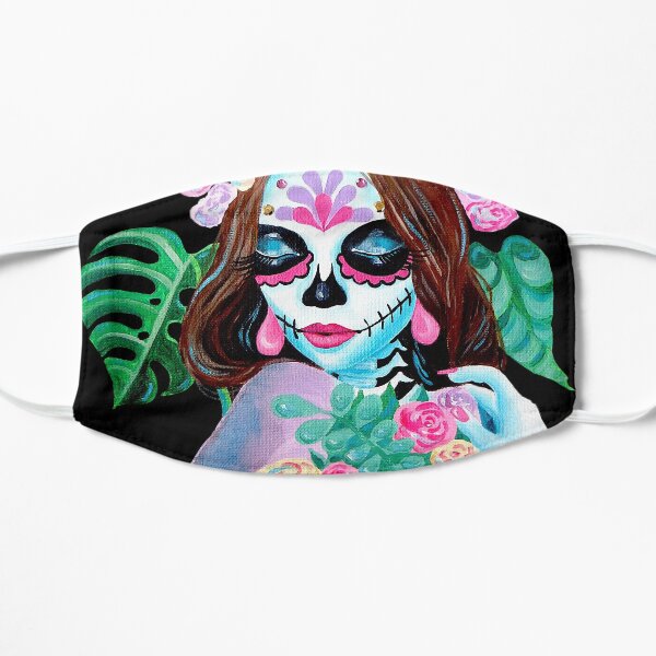Chica de calavera de azúcar con flores - La Catrina Mascarilla plana