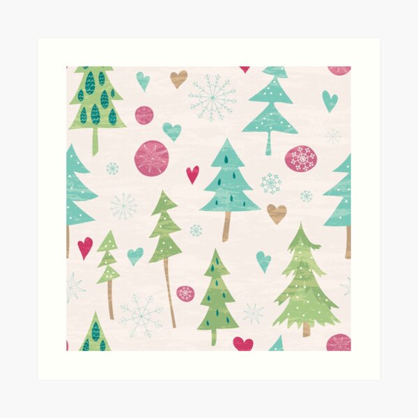 Snowy Fir Forest Pattern With Hearts Art Print