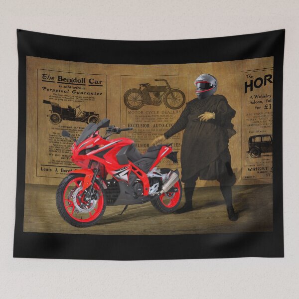 Item preview, Red Motorbike in Vintage Garage with Old Adverts designed and sold by KALEIDOSCOPE UK.