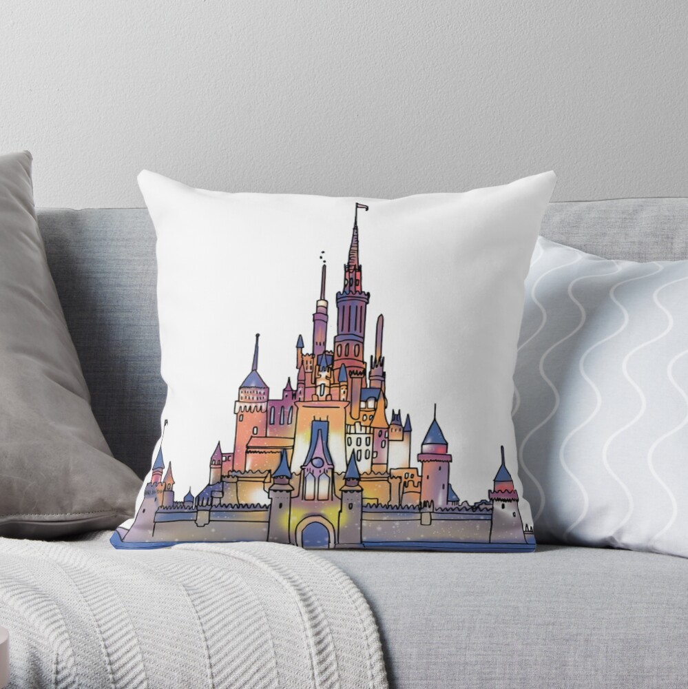 Mickey Mouse head and Disney Castle watercolor Throw Pillow