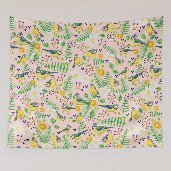 Item preview, Bluetit and Flower pattern designed and sold by drawnbynatalie.