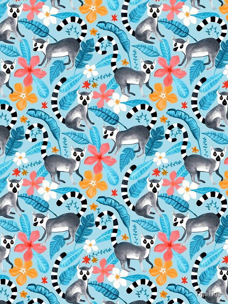 Gouache Lemur Land on Blue by TigaTiga