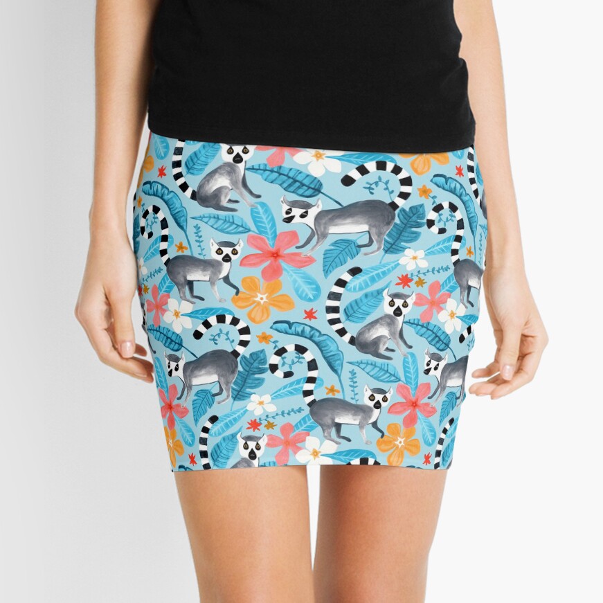 Gouache Lemur Land on Blue Mini Skirt
