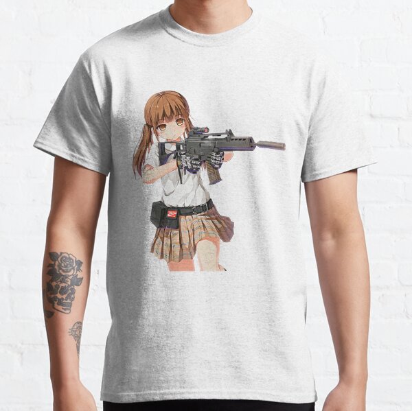Sweet anime girl with a gun. Cute anime girl with Heckler Koch G36 assault rifle. | White background Classic T-Shirt