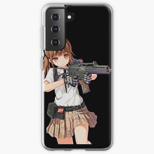 Sweet anime girl with a gun. Real anime princess with Heckler Koch G36 assault rifle. | Black background Samsung Galaxy Soft Case