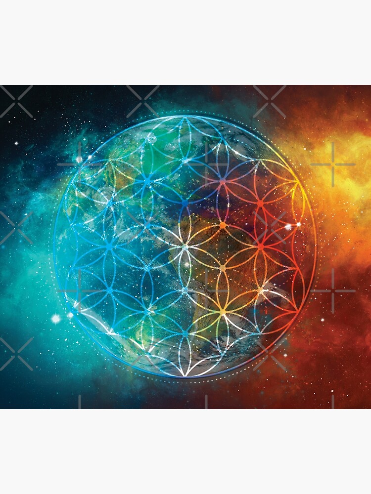 Rainbow colored Seed of Life in gray Flower of Life over black Yoga Mat