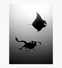 Manta and Diver in Black and White Photographic Print