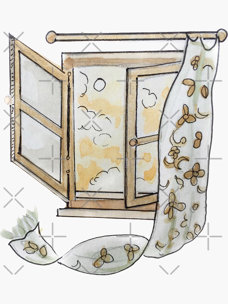Open Window with Sunny Sky and Flower Curtain Illustration in Watercolor by WitchofWhimsy
