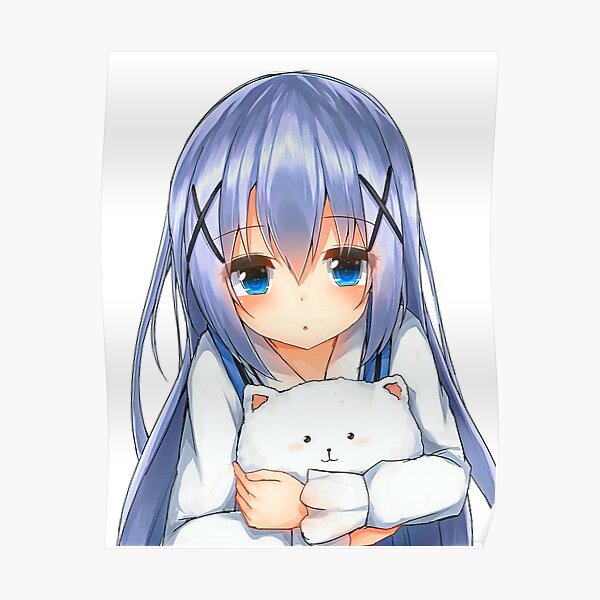 Very Cute Anime Girl With Blue Hair Lovely Girl With Deep Blue Eyes Anime Girl With Cat Toy White Background Poster By Hot Angel Redbubble