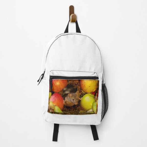 George the mouse in a log pile house - stand back apples super mouse coming through Backpack