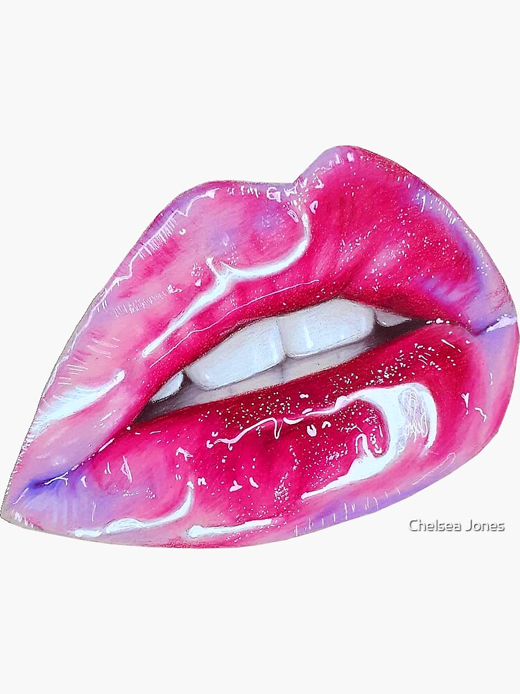 "Shiny Pink Lips" Sticker by ArtByCece Redbubble