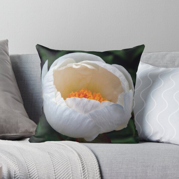 White with Orange Tones White Peony Photography, Nature Throw Pillow
