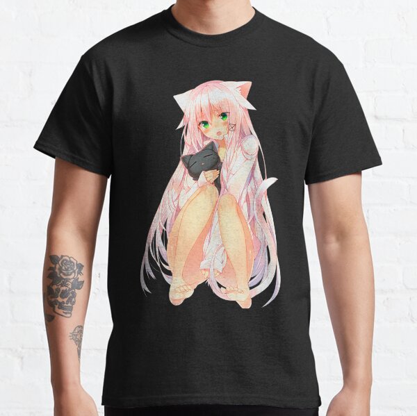 Very cute anime catgirl Neko with green eyes and a soft toy cat. | Black background Classic T-Shirt
