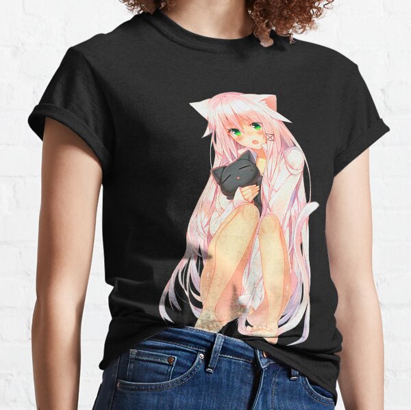 Very cute anime catgirl Neko with green eyes and a soft toy cat. | Black background Classic T-Shirt