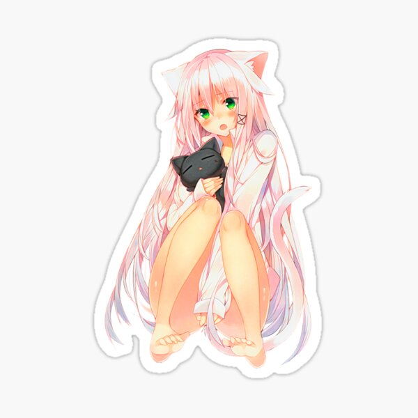 Very cute anime catgirl Neko with green eyes and a soft toy cat. | Black background Sticker