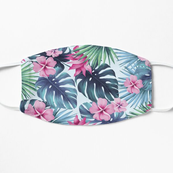 Tropical Pink And Green Floral Hibiscus Flowers Flat Mask