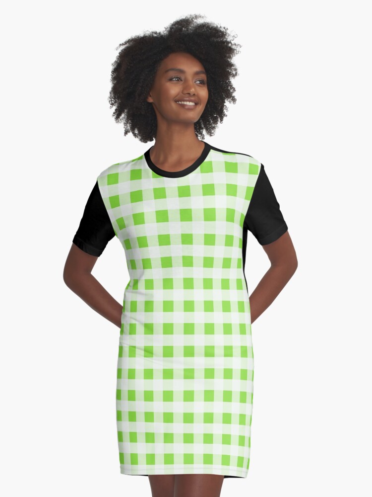 Apple Green and White Buffalo Plaid Pattern Graphic T Shirt Dress