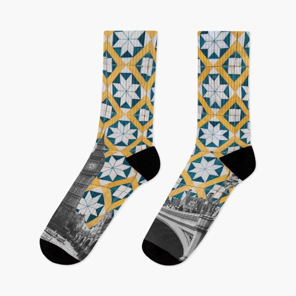 Item preview, London Meets Portuguese Tiles Montage - Azulejo Blue, Yellow and White Geometric Design designed and sold by idovedesign.