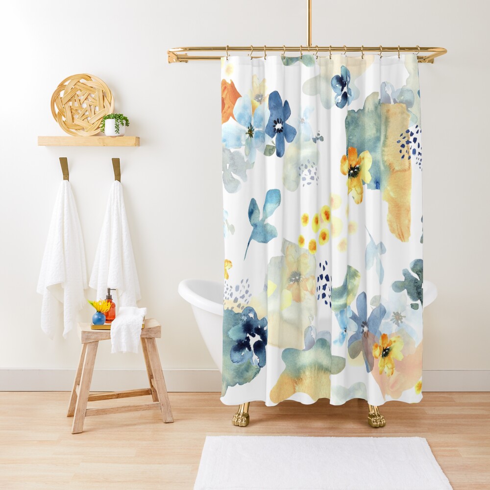 "Blue and Yellow Cheerful Flowers" Shower Curtain for Sale by