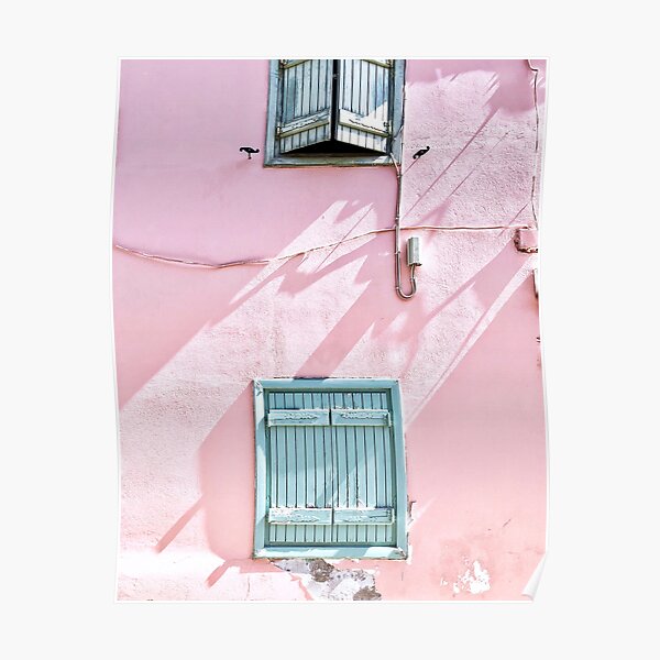 Quirky Pink Wall With Dancing Shadows Over Blue Windows Poster By