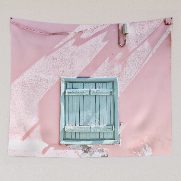 Item preview, Quirky Pink Wall with Dancing Shadows over Blue Windows designed and sold by yappei.