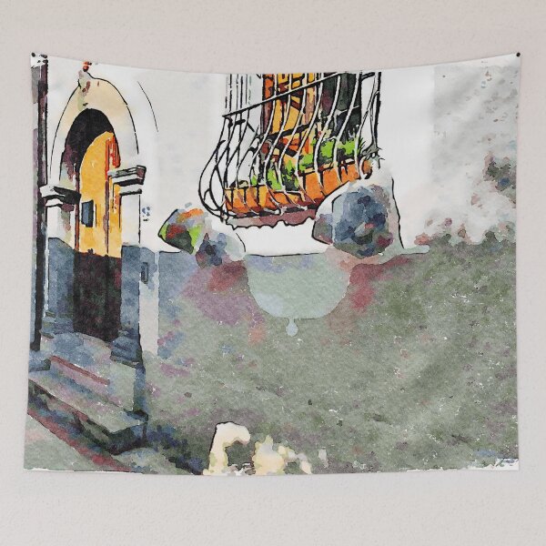 Item preview, External view of a house with bags hanging on the window and old door  designed and sold by Giuseppe Cocco.