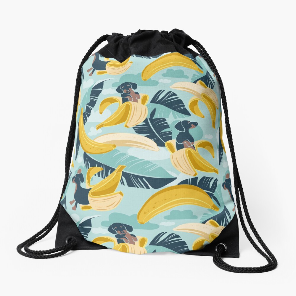 Surrealistic tropical Dachshund bananas // aqua background navy blue dogs and banana fruit leaves Drawstring Bag