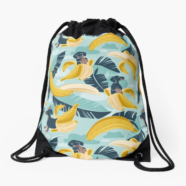 Aperçu de l'œuvre Bananes teckel tropicales surréalistes // fond aqua chiens bleu marine et feuilles de bananier créée et vendue par SelmaCardoso.